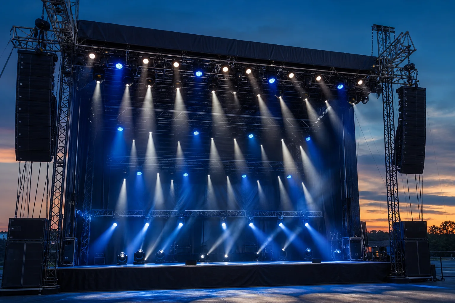Concept visualization of an outdoor touring stage lighting rig at blue hour